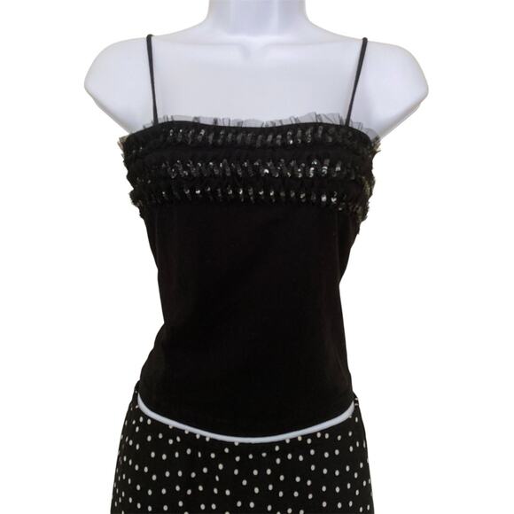 Vintage 90s Y2k Black Square Neck Girly Mesh Ruffle Sequin Cropped Cami S/M - Picture 1 of 5